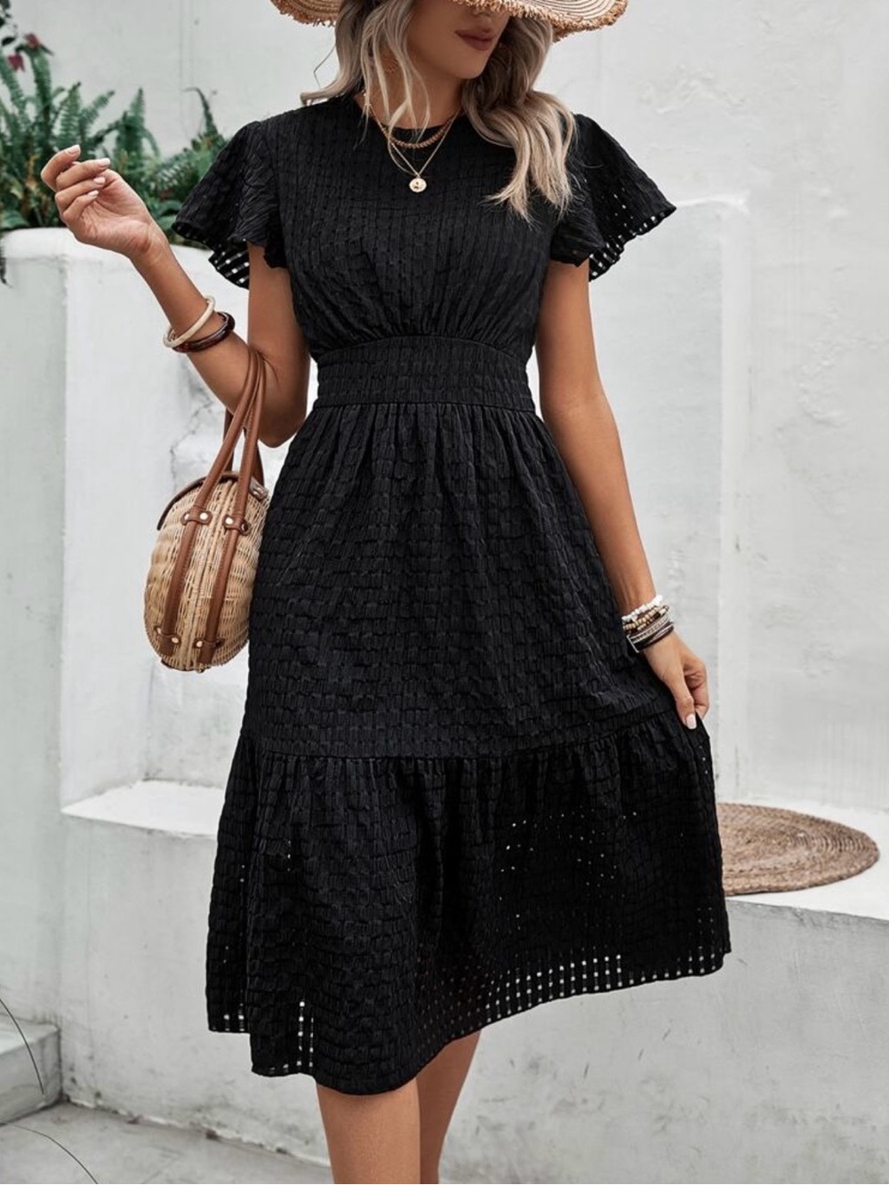 Black Eyelet Midi Dress - Women's Summer Dress